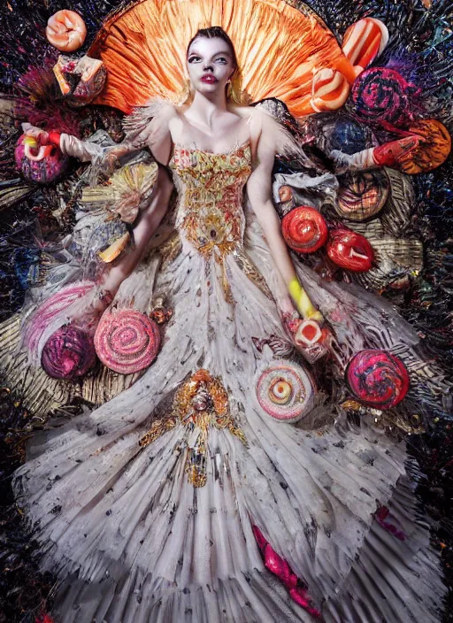 Image similar to expressive full body photo of anya taylor - joy, dress made of sweets and candies, glamour shot, by karol bak, stefan gesell, photorealistic, nikon d 4 x, fashion photography, hyper maximalist, elegant, ornate, luxury, elite, environmental portrait, symmetrical features, octane render, unreal engine, solid dark grey background, dramatic lights