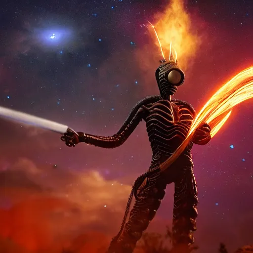 Prompt: alien holding vintage sword of flames and sparks, surreal alien planet, galaxy nebula sky, photorealistic detailed intricate, octane render, cinematic lighting, realistic, coherent, 4k, 8k, unreal engine, artstation