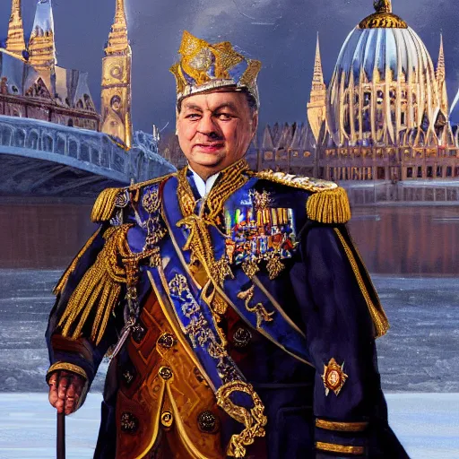 Image similar to an extremely realistic portrait depicting the coronation of hungarian prime minister viktor orban dressed in royal national costume, on the frozen danube, detailed, intricate, elegant, fat, highly detailed, digital painting, artstation, concept art, smooth, sharp focus, illustration,