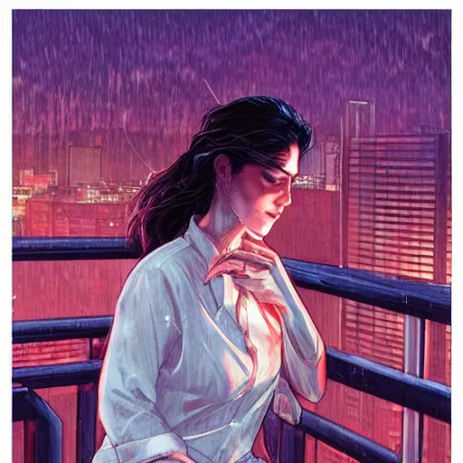 Image similar to a beautiful artwork of a woman in jeans and white shirt sitting on the balcony of a hotel at night, top view, neon and rainy theme atmosphere by Jerome Opeña, featured on artstation