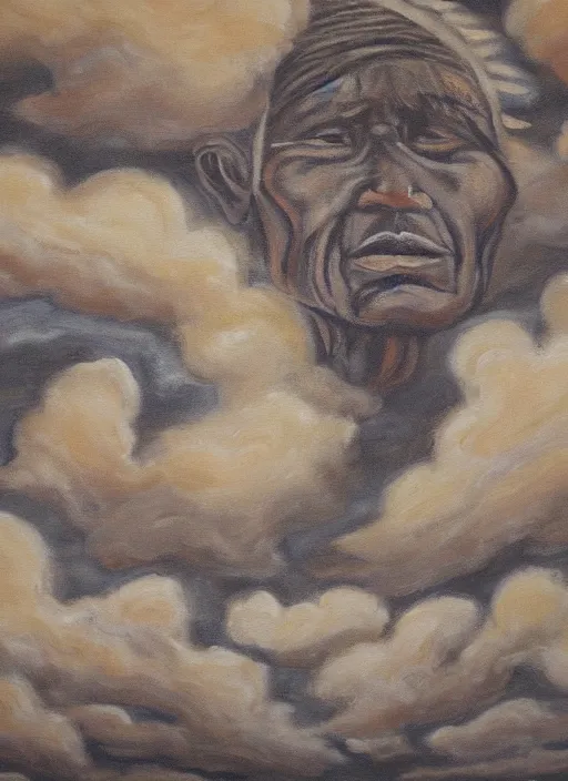 Prompt: a painting of faces of old indigenous people embedded in the clouds in the sky