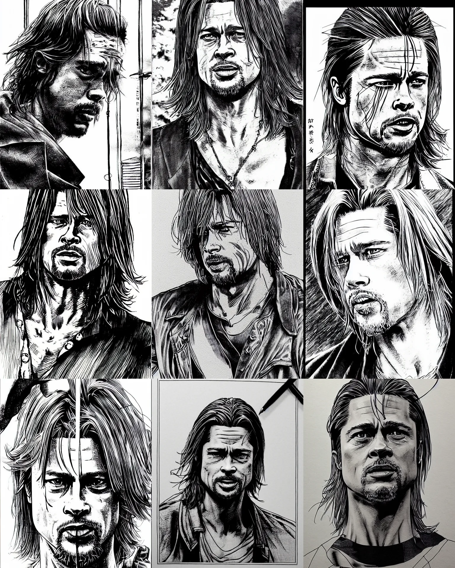 Prompt: detailed brad pitt in vagabond manga by takehiko inoue, black ink