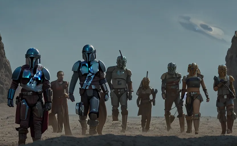 Prompt: still image screenshot new episode of the mandalorian disney + hundreds of mandalorian soldiers in front of a strange building, moody gold planet, anamorphic lens