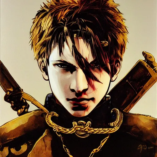 Image similar to portrait of a young white hero using his right arm to hold his sword covering his eye by yoji shinkawa, high quality, extra details, realism, ornate, colored, golden chain, blood, white skin, short hair, brown eyes, vivid, sunlight, headband, eyepatch, white american soldier, painting, cybernetics, military