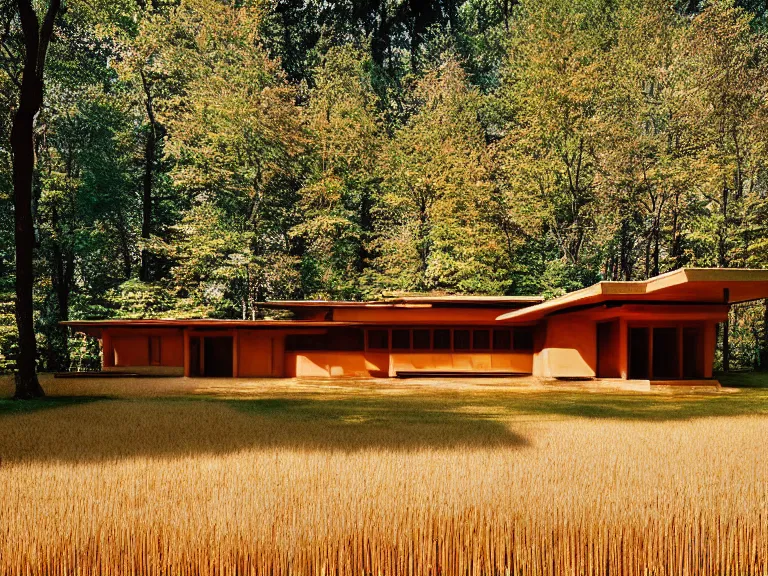 Prompt: hyperrealism design by frank lloyd wright and kenzo tange photography of beautiful detailed small house around the forest in small ukrainian village depicted by taras shevchenko and wes anderson and caravaggio, wheat field behind the house, volumetric natural light