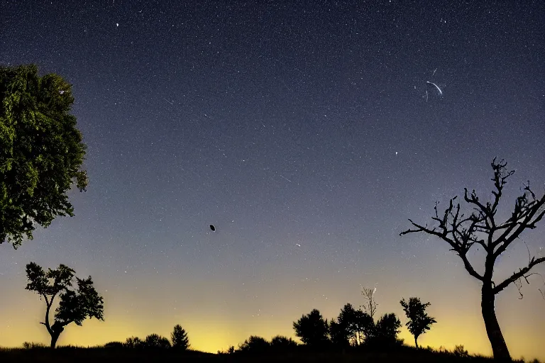 Image similar to a night sky photo during a heavy perseid meteor shower. a withered tree is in the foreground. a very detailed 4 k space photo. sence of awe, featured on flickr