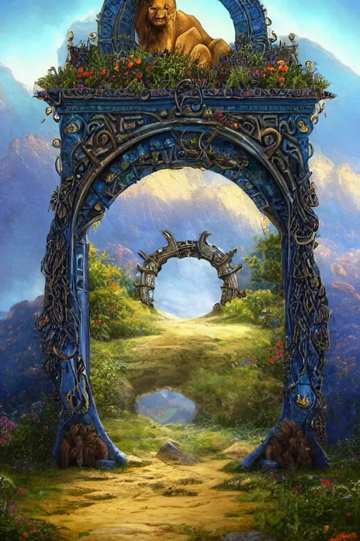 Image similar to A giant medieval fantasy blue energy portal gate with a rusty gold carved lion face at the center of it, the portal takes you to another world, full of colorful flowers on the lost Vibes and mountains in the background, spring, delicate fog, sea breeze rises in the air, by andreas rocha and john howe, and Martin Johnson Heade, featured on artstation, featured on behance, golden ratio, ultrawide angle, f32, well composed, rule of thirds, center spotlight, low angle view