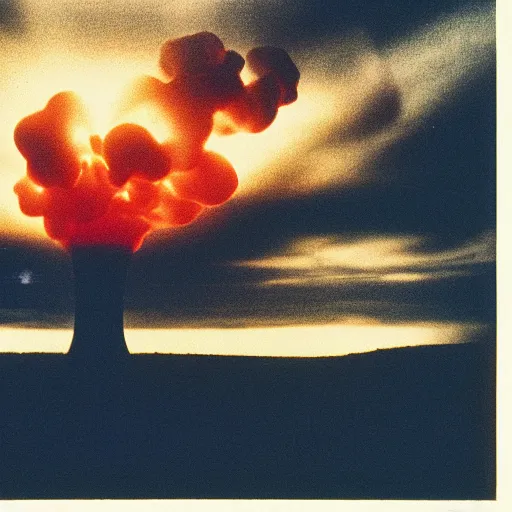 Prompt: “nuclear explosion photography, mushroom cloud, end of the world, cinestill 800t, in the style of William eggleston”