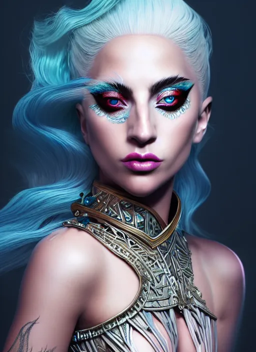 Prompt: portrait of mermaid warrior, intricate, lady gaga, sharp focus, octane render, detailed, beautiful, unreal engine, symmetrical!!, loreal, maybelline, sephora, loreal, artstation, art by artgerm, rossdraws, makeup by pat mcgrath, cinematic, concept art, filmic, vsco