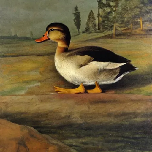 Prompt: body of a duck with the head of jean sibelius, rural background, high detail