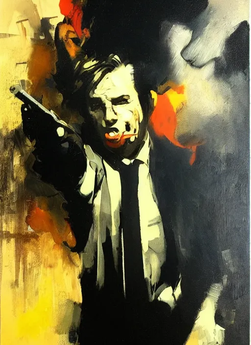 Image similar to howard hamlin patrick fabian shot, muzzle flare, head exploding, bullet line, painting by phil hale, francisco goya,'action lines '!!!, graphic style, visible brushstrokes, motion blur, blurry, hd image