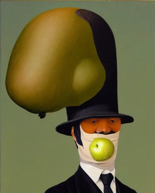 Image similar to painting of a man with a kiwifruit covering his face, wearing a bowler hat and overcoat and necktie, oil on canvas, style of Rene Magritte, by René Magritte