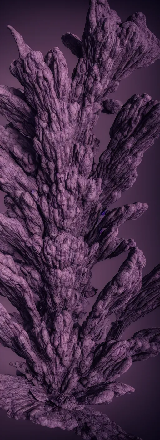 Image similar to visceral exoskeletal formations surrounding an alien flower, mythical mountains, dark contrast lighting, surreal, hyper detailed, cycles 3 d render, 8 k