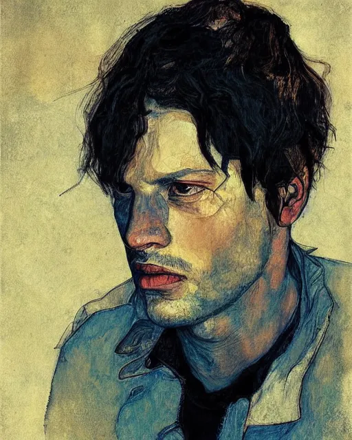 Image similar to portrait of david gilmour by greg rutkowski in the style of egon schiele