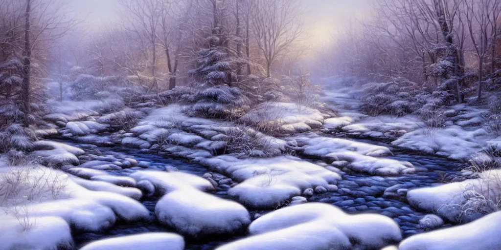 Image similar to a painting of a winter scene with a stream, an airbrush painting by terry redlin, deviantart, fantasy art, oil on canvas, airbrush art, matte painting