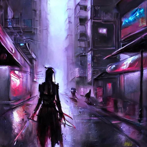 Image similar to An epic comic hyperrealistic cg painting of a cyber samurai girl, attractive, faces and details painted by painted by craig mullins, cyberpunk style color, heavy rainning at tokyo street night, neon lights all around, Matte painting, smoke, cinematic lighting, directional lights, corona render, arnold render, movie concept art, 8k, RPG portrait, Concept world, rim lights, phtotrealistic, hdri