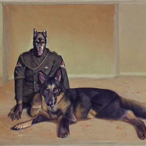 Image similar to a oil painting of a humanoid german shepherd beast - man, wearing military outfit, sitting on the carpeted floor beside a bed