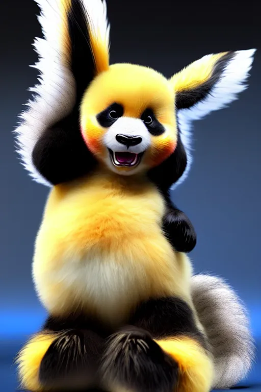 Image similar to high quality 3 d render hyperrealist very cute multicolor stripped fluffy! phoenix panda hybrid with wings!!!, highly detailed, vray smooth, in the style of detective pikachu, hannah yata charlie immer, dramatic blue light, low angle, uhd 8 k, sharp focus