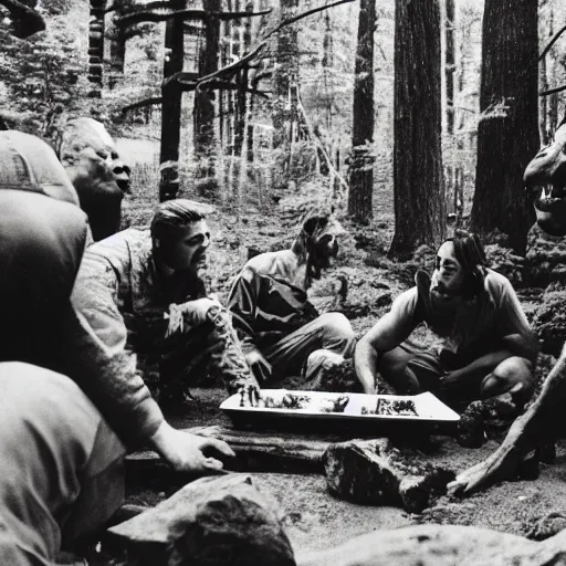 Image similar to kodak 2 0 mm, photo, neanderthal people eating sushi, surrounded by dinosaurs!, gigantic forest trees, sitting on rocks, bonfire, close up camera on bonfire level