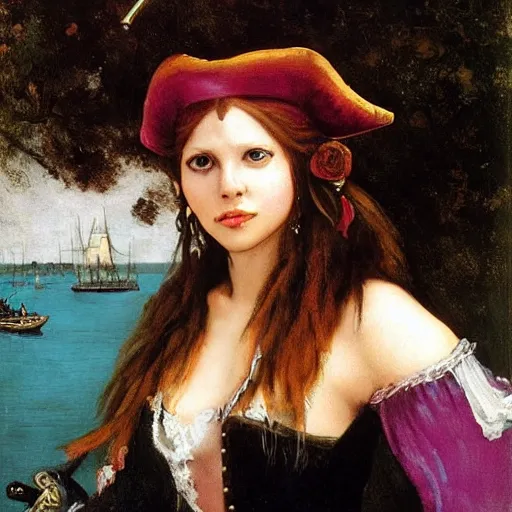 Prompt: a pirate with iridescent skin, irridescent shark colored makeup, her stance is Swashbuckling, art by courbet