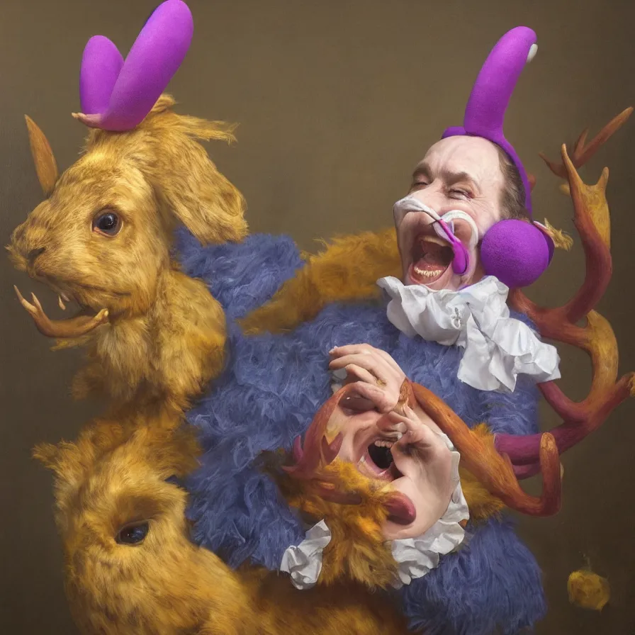 Prompt: rare hyper realistic portrait painting by dutch masters, studio lighting, brightly lit purple room, a blue rubber ducky with antlers laughing at a giant crying rabbit with a clown mask