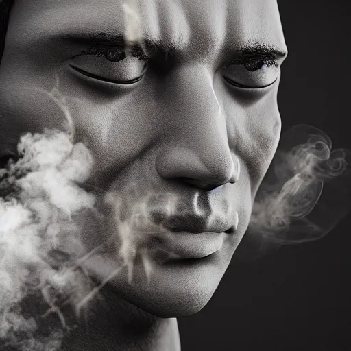 Image similar to man face made of smoke particles octane render