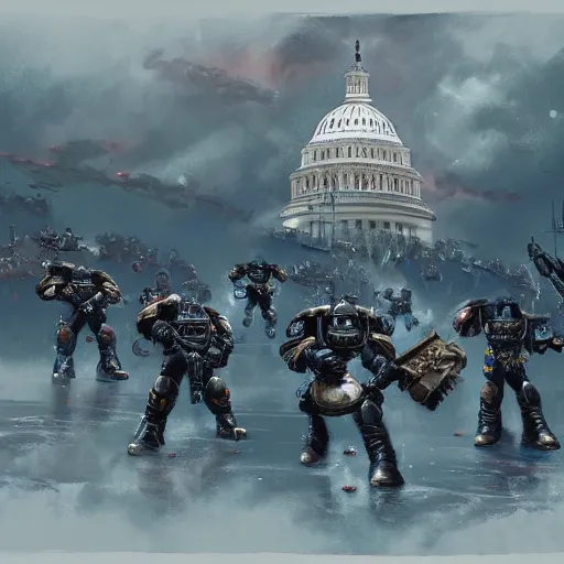 Prompt: Warhammer Space Marines storming the US Capitol building on a stormy day art in the style of concept artist Craig Mullins.