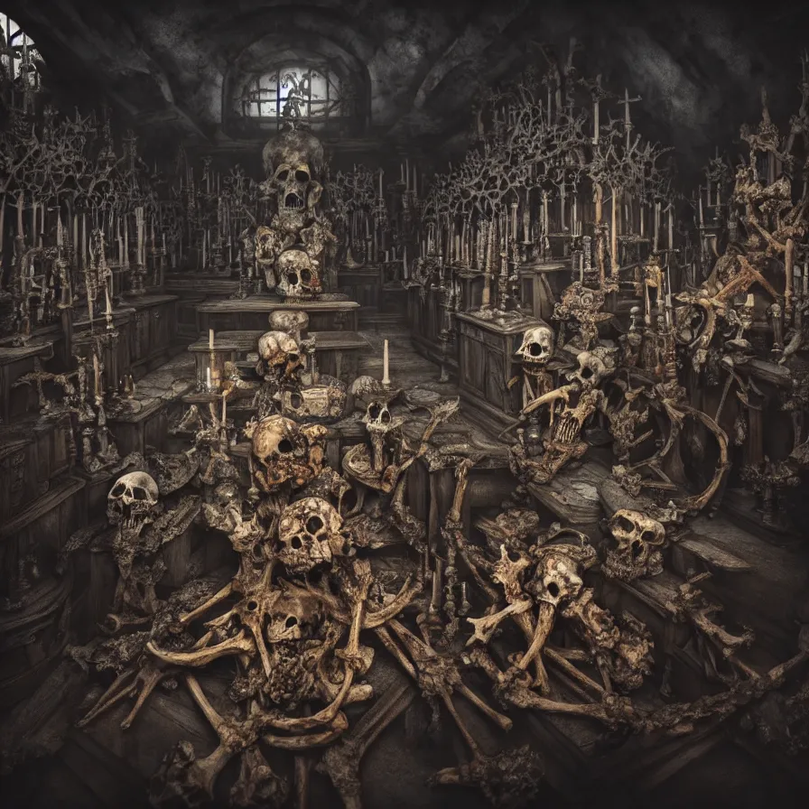 Image similar to full color, low ultrawide interior shot of sedlec ossuary, bones, anime style mixed with fujifilm, dark, foggy, atmospheric, artstation, cgsociety, octane render, cgi, denoise, detailed, cinematic masterpiece