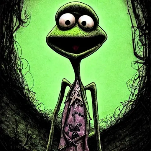 Image similar to michael karcz punk grunge cartoon drawing of kermit the frog. , in the style of corpse bride, loony toons style, horror themed, detailed, elegant, intricate