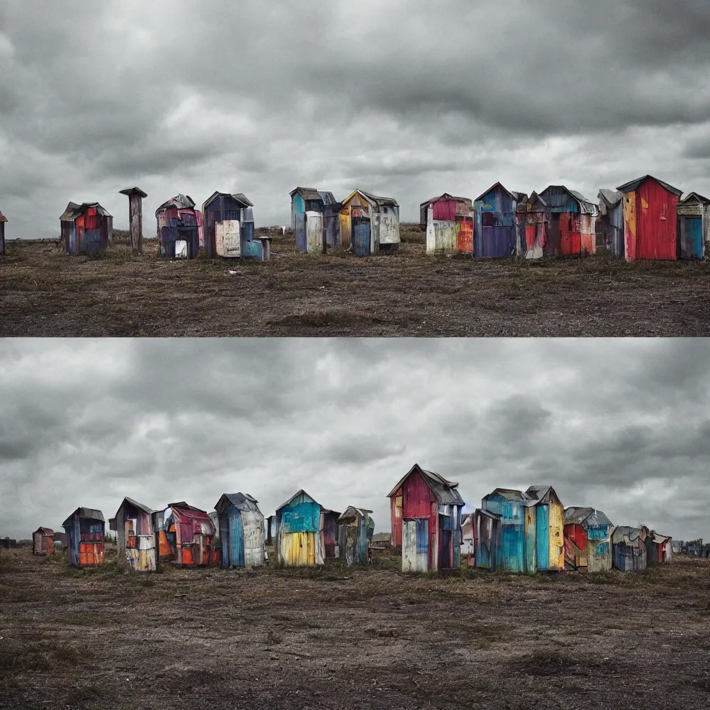 Image similar to towers made up of colourful makeshift squatter shacks, bleached colours, moody cloudy sky, dystopia, mamiya, very detailed, photographed by cristina de middel