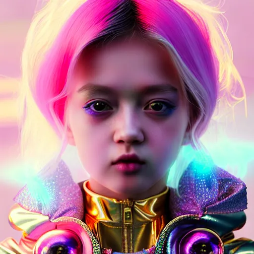 Image similar to hyperdetailed portrait of a stunningly beautiful pink cyberpunk cute european girl made of metals and shiny iridescent gems, bright rainbow nimbus, gold necklace, reflective puffer jacket, smoke background inspired by ross tran and masamune shirow and kuvshinov, intricate, photorealistic, octane render, rtx, hdr, unreal engine, dnd digital art by artgerm