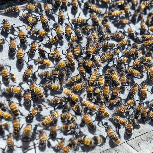 Image similar to photograph of a bee swarm attacking a skeleton army