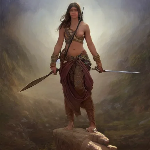 Image similar to artstation concept of a beautiful girl holding a sword in both hands, brown sweaty skin, symmetrical face, casual white garment, brown canyon background, shiny colorful, hyperdetailed, artstation trending, world renowned artists, worth1000.com, historic artworks society, antique renewel, cgsociety, by greg rutkowski, by Gustave Dore, Deviantart