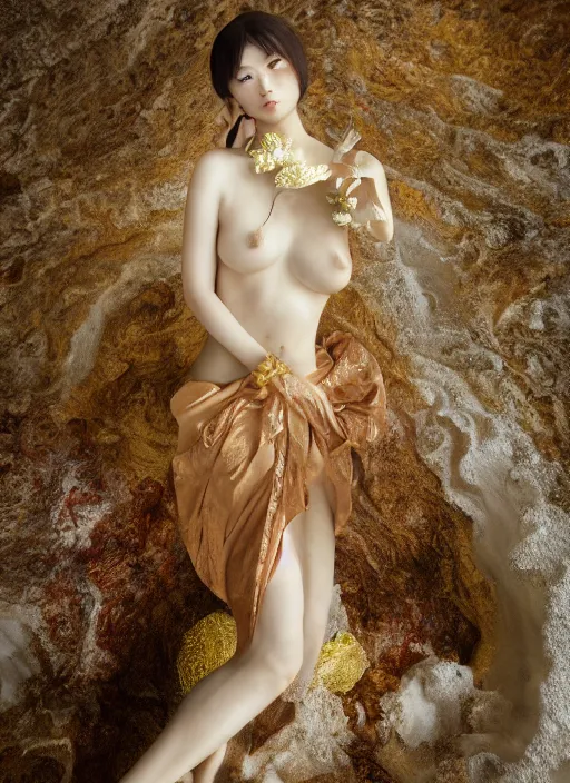 Image similar to Kodak Portra 400, 8K, soft light, volumetric lighting, highly detailed, Rena Nounen style 3/4 ,portrait photo of a Japanese ravishing Goddess by WLOP, the face emerges from a lava flowing gold travertine terraces with lotus flowers, inspired by Ophelia paint , a beautiful chic dress and hair are intricate with highly detailed realistic beautiful flowers , Realistic, Refined, Highly Detailed, ethereal lighting colors scheme, outdoor fine art photography, Hyper realistic, photo realistic