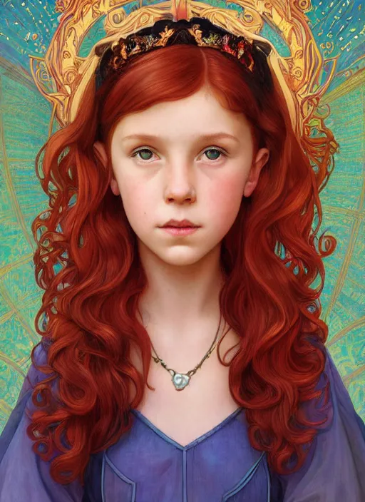 Image similar to well - lit art nouveau portrait of a 1 3 - year old girl who resembles millie bobby brown with red hair as a princess with intricate, ornate jewelry, natural lighting, path traced, highly detailed, high quality, cartoon, digital painting, by don bluth and ross tran and studio ghibli and alphonse mucha