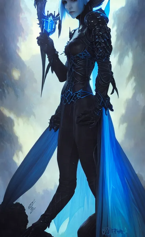 Prompt: Gothic elf princess in dark and blue dragon armor, sci-fi, highly detailed, digital painting, artstation, concept art, smooth, sharp focus, illustration, art by artgerm and greg rutkowski and alphonse mucha