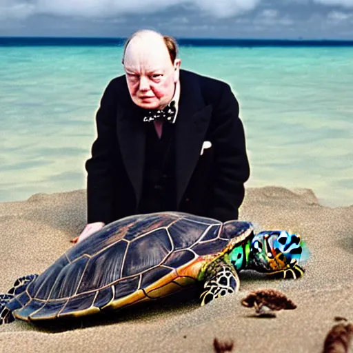 Prompt: An astonished Winston Churchill discovers the first turtle ever in Galapagos, national geographic, XF IQ4, f/1.4, ISO 200, 1/160s, 8K, RAW, unedited