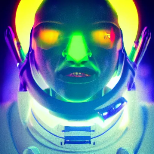 Image similar to synthwave demonic astronaut face with neon horns, detailed face, sharp focus, synthwave art, aesthetic, octane render, raw, cinematic