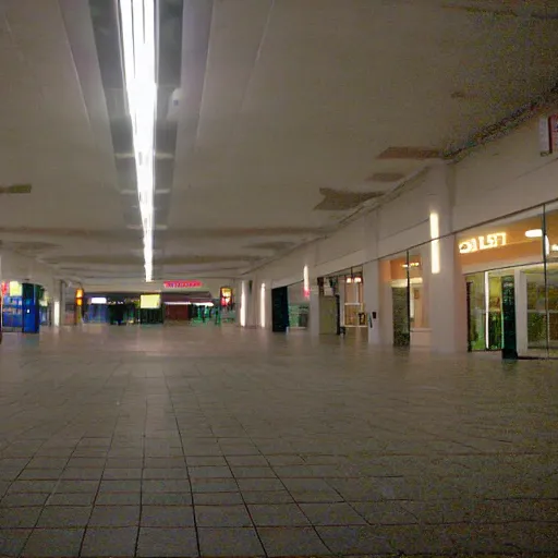 Image similar to an old creepy empty mall at night with only one light on