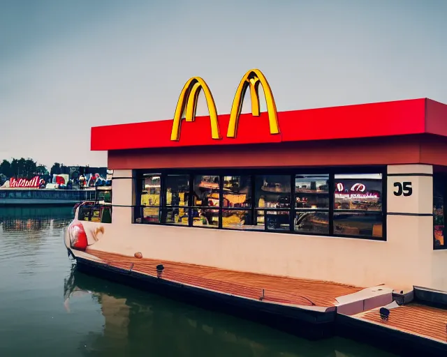 Prompt: [ mcdonalds restaurant ] on top of [ a boat ], 4 k photorealistic! photography, trending on [ unsplash ], intricate, wide - angle shot, broad angle, cinematic