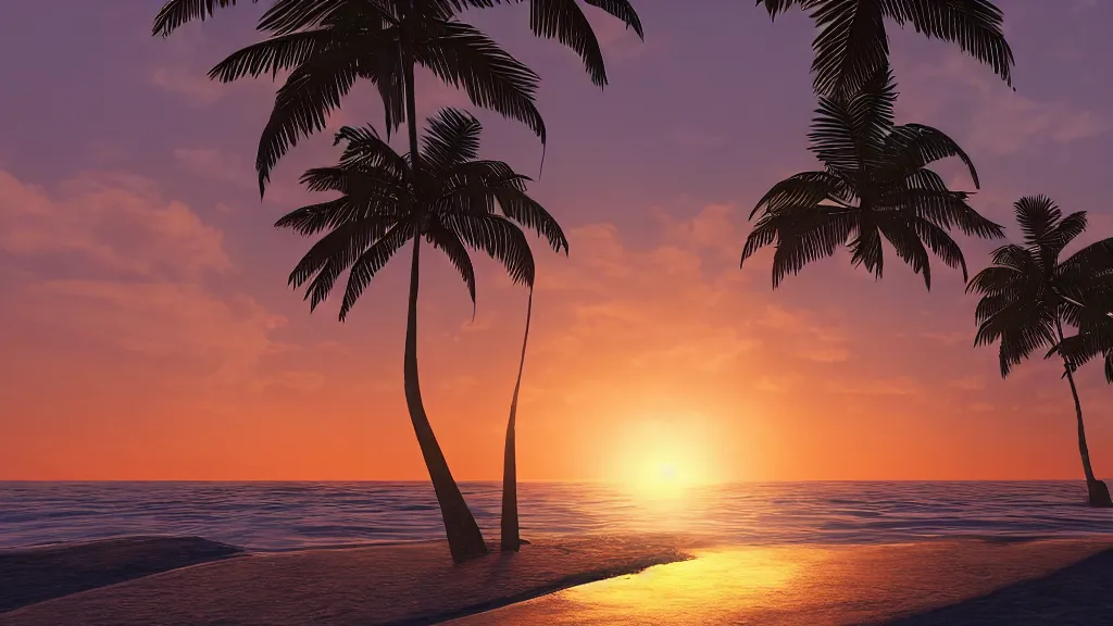 Prompt: sunset over a beach with palm trees, dramatic lighting, 8k uhd, raytracing, unreal engine, octane render, picturesque, extremely detailed