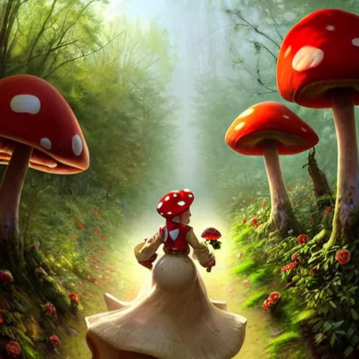 Image similar to portrait of Toad, running through a forest, in the Mushroom Kingdom, giant red and white spotted mushrooms, and roses, from behind, Castle in distance, birds in the sky, sunlight and rays of light shining through trees, beautiful, solarpunk!!!, highly detailed, digital painting by Michael Garmash and Peter Mohrbacher