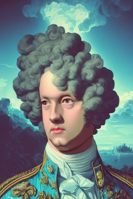 Prompt: vaporwave Dan Mumford style (portrait of Louis xv) in the style of rococo Rob Lefield and Dan Mumford Dan Mumford Dan Mumford, Dan Mumford, Greg rutkowski, trending on artstation, digital art, surrealism, macro