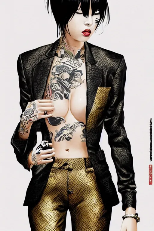 Image similar to yakuza slim girl, gold suit jacket in snake print, jacket over bare torso, yakuza tattoo Irezumi on body, black short curtain haircut, black leather pants with black belt, portrait, beautiful face, elegant, 2d, ultra highly detailed, digital painting, smooth, sharp focus, artstation, art by Ilya Kuvshinov, rossdraws