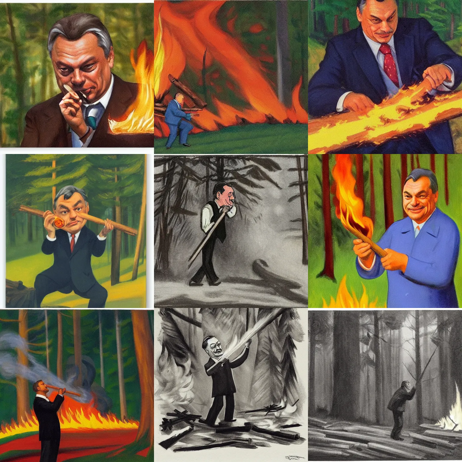 Prompt: viktor orban burning down a forest, holding a wood piece, highly detailed winking face, by edward hopper