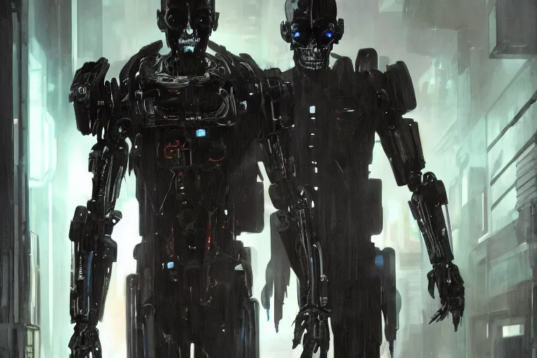 Prompt: cyberpunk skeletal black mecha android walking down hallway, Skeletal face single eye. long limbs black shiny. glowing_red_eye RTX UE5 Artstation Bladerunner_2049_scene!!!!!! Cyberpunk 2077 bladerunner2049!!! bladerunner!!! Dark figure walking down white hallway slightly offset fancy hallway. reflective floor!!!!! Tom Bagshaw and Greg Rutkowski and Alphonse Mucha