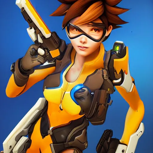 Image similar to beautiful digital artwork of tracer from the game overwatch