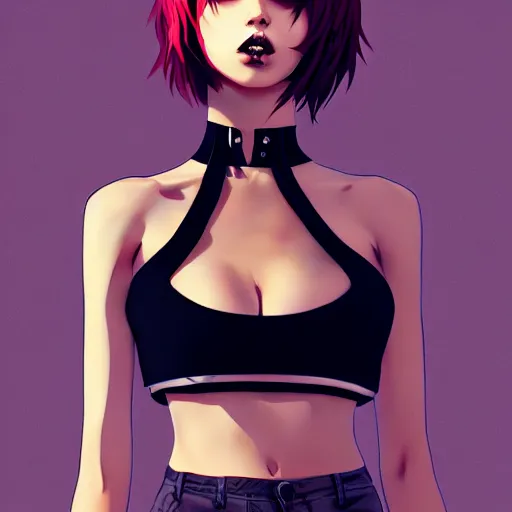 Prompt: torso shot of a beautiful punkrock woman in crop top, art by saruei and guweiz and ilya kuvshinov, digital art, highly detailed, intricate, sharp focus, trending on artstation hq, deviantart, pinterest, unreal engine 5, 4 k uhd image