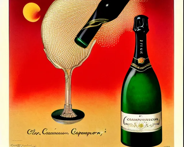 Prompt: cancan, melchizedek champagne bottle. leonetto cappiello, pur champagne damery, 1 9 0 2.