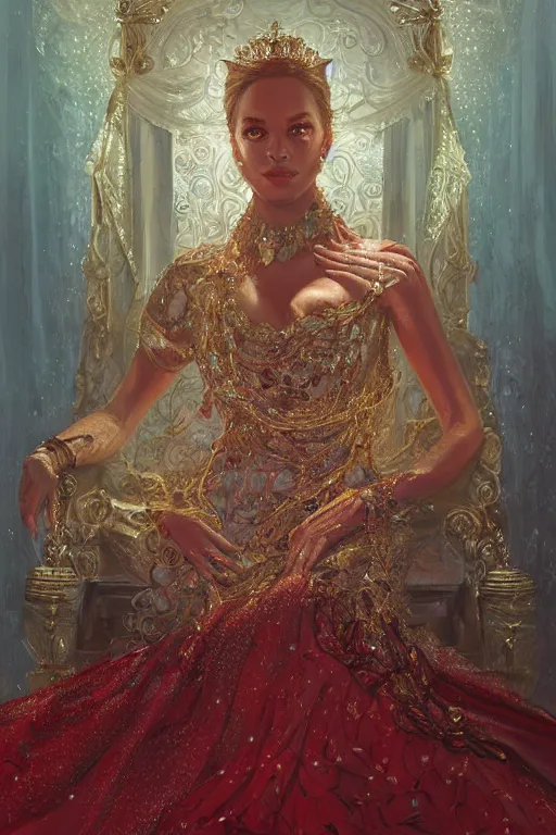 Image similar to portrait of majestic royal queen in her thrown with jewels, staring directly into camera, intricate, elegant, glowing lights, highly detailed, digital painting, artstation, sharp focus, illustration, art by wlop, mars ravelo and greg rutkowski